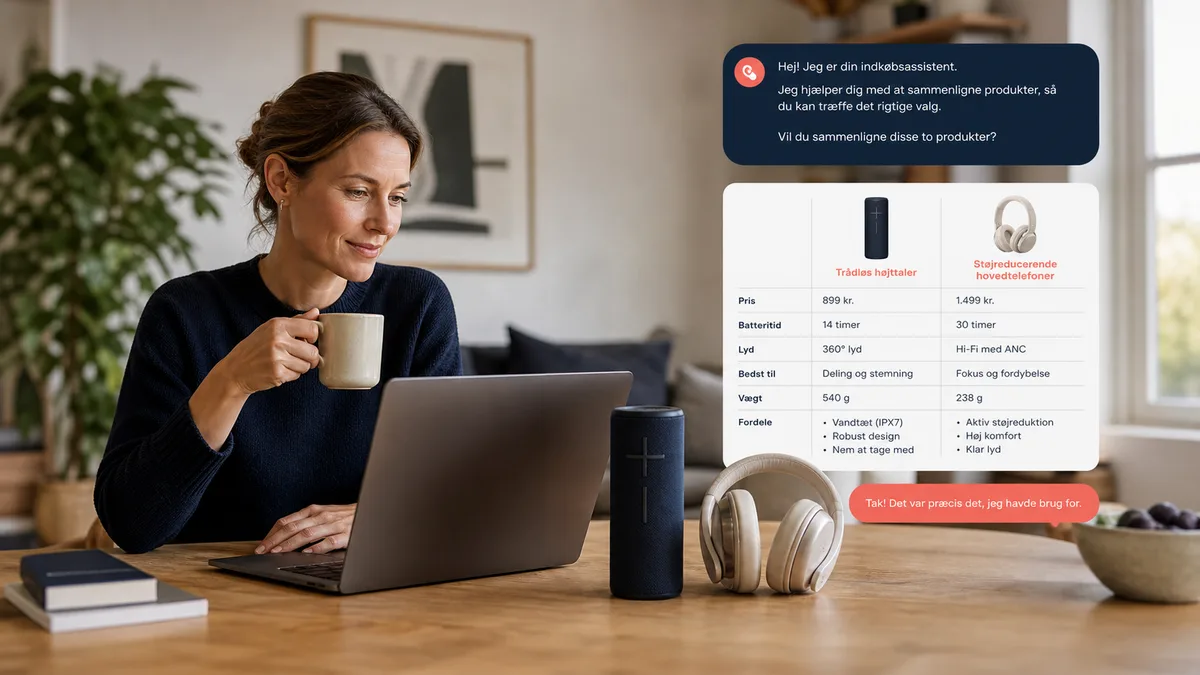 AI chatbot hjælper kunde i dansk webshop med produktvalg