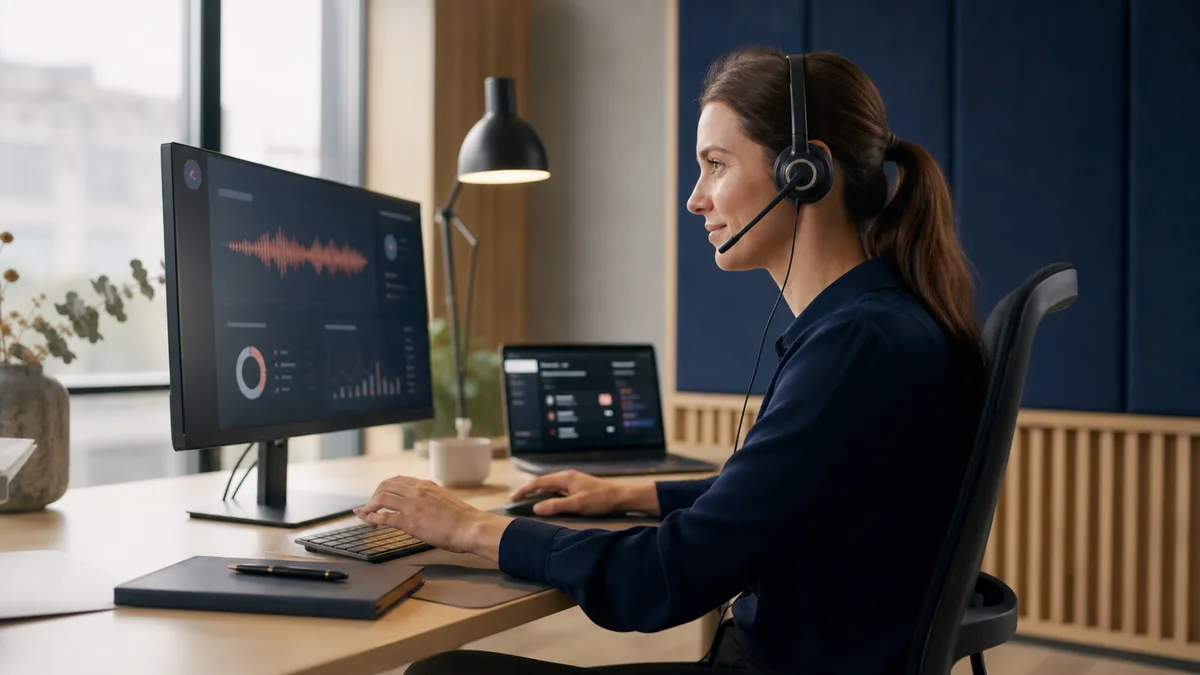 Dansk AI-telefonassistent visualiseret som moderne kundeservicearbejdsplads