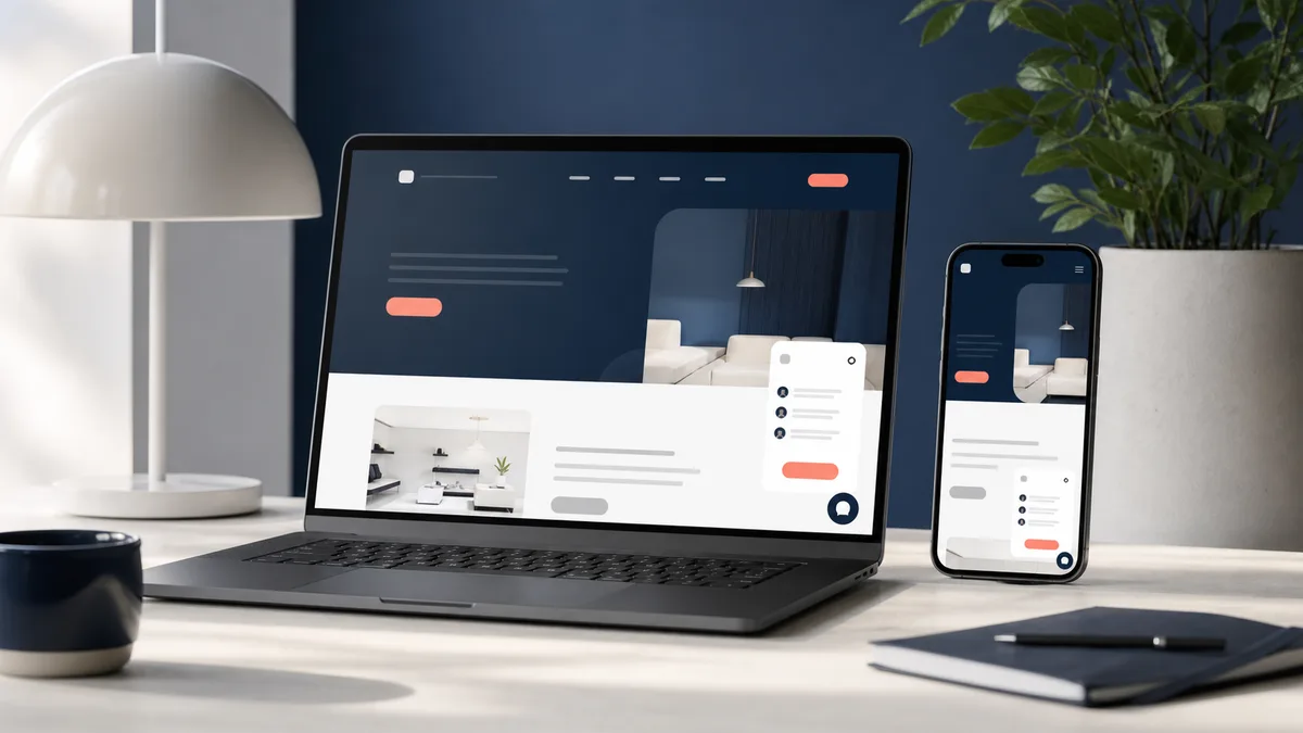 Responsiv chatwidget på dansk virksomhedswebsite vist på laptop og mobil