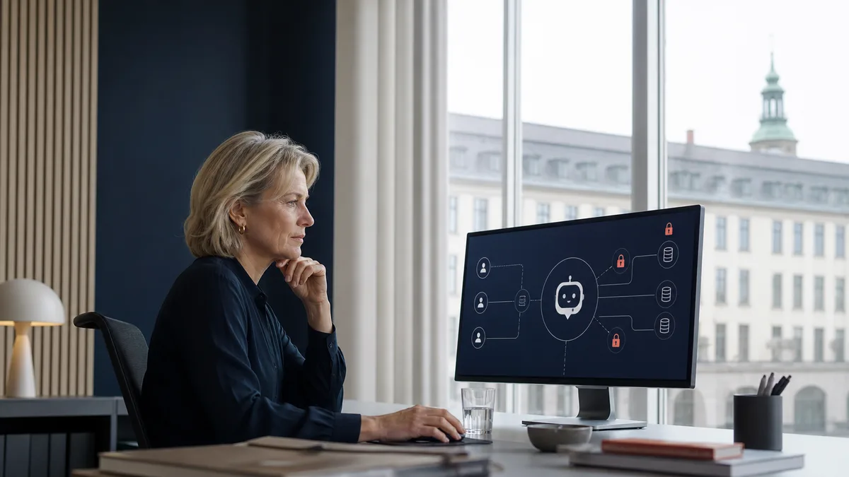 Europæisk AI-chatbot med sikker databehandling visualiseret i nordisk kontormiljø