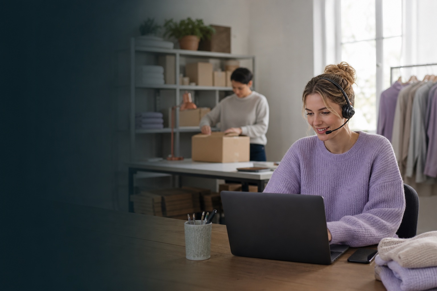 Dansk webshopteam hjælper en onlinekunde, mens en ordre bliver pakket