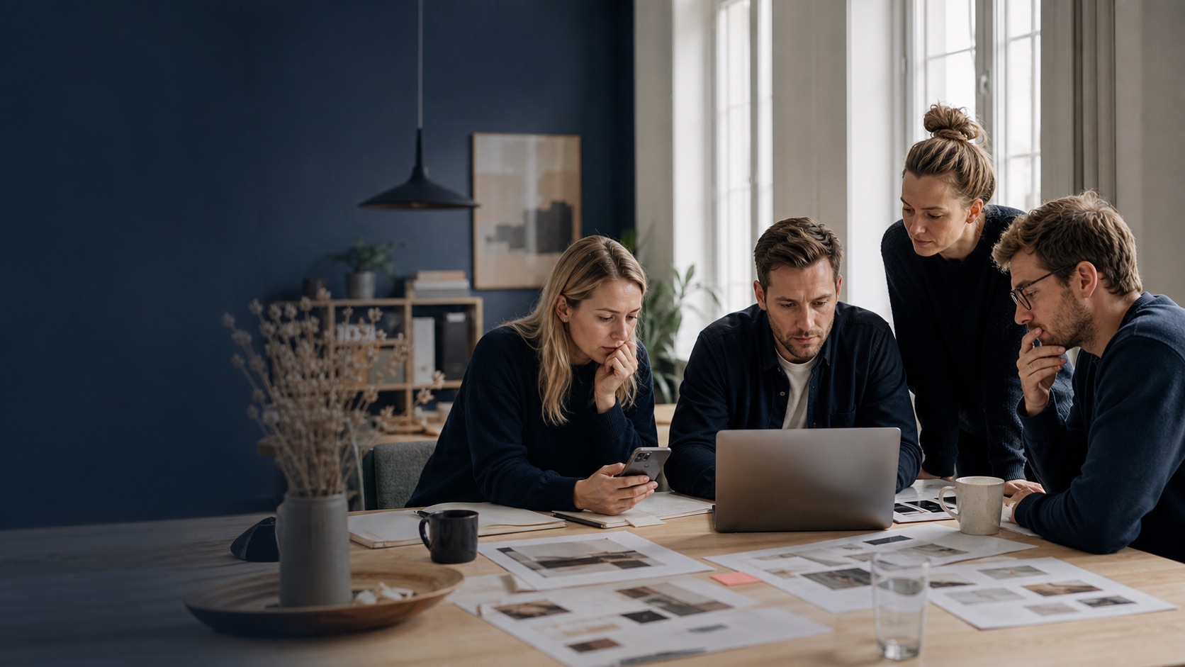 Konsulentteam gennemgår nye leads og mødebookinger i et kreativt dansk kontor