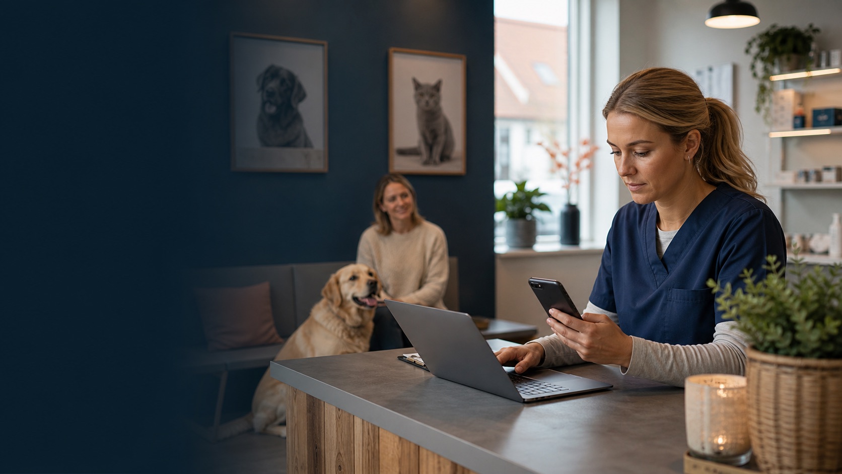 Dyreklinikmedarbejder koordinerer konsultationer med hund og ejer i venteområdet