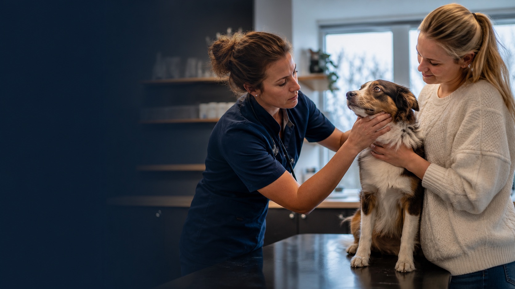 Dyrlæge undersøger en hund, mens telefonassistenten sorterer næste opkald