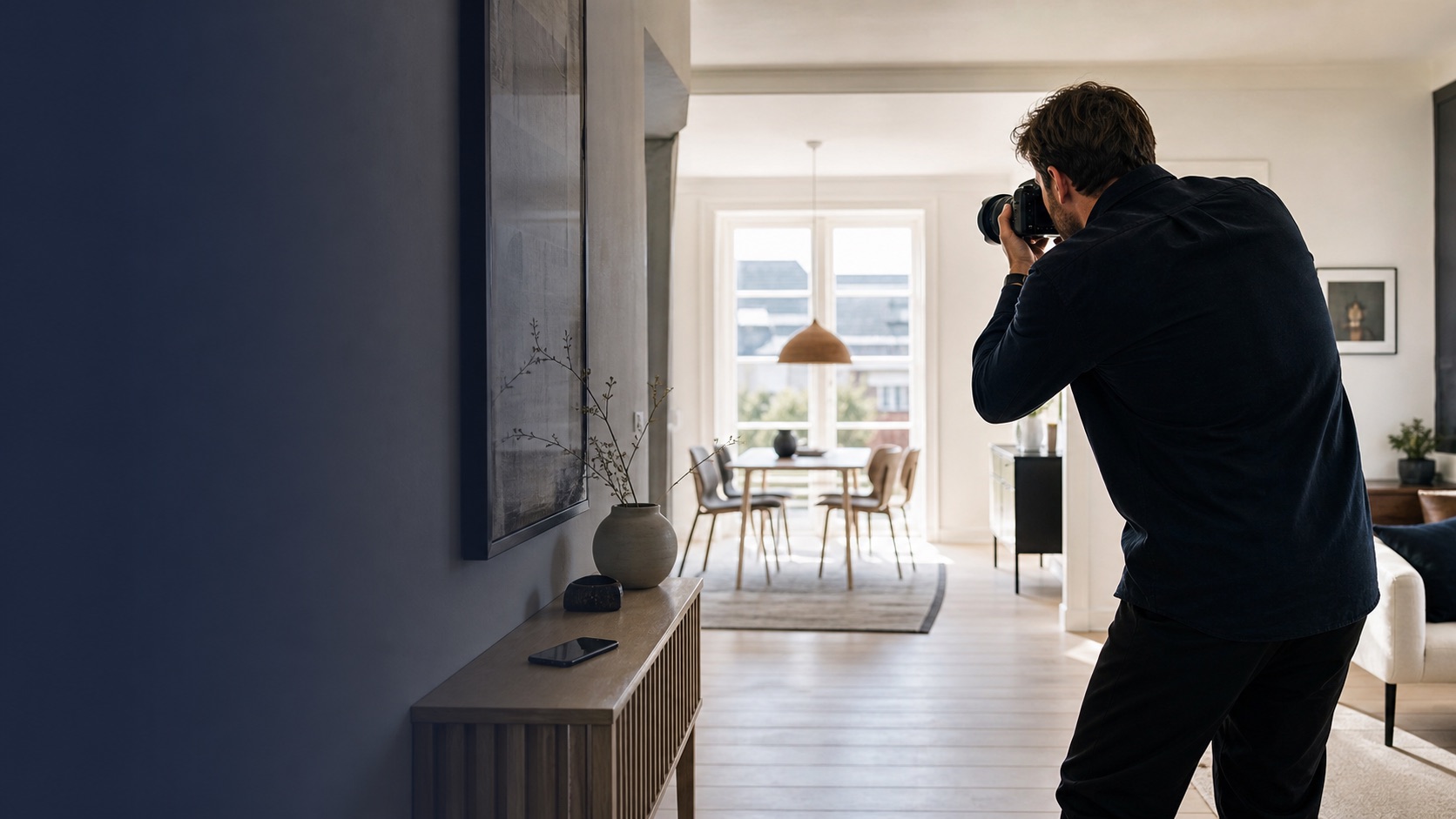 Ejendomsmægler fotograferer en bolig, mens AI-assistenten besvarer kontorets telefon