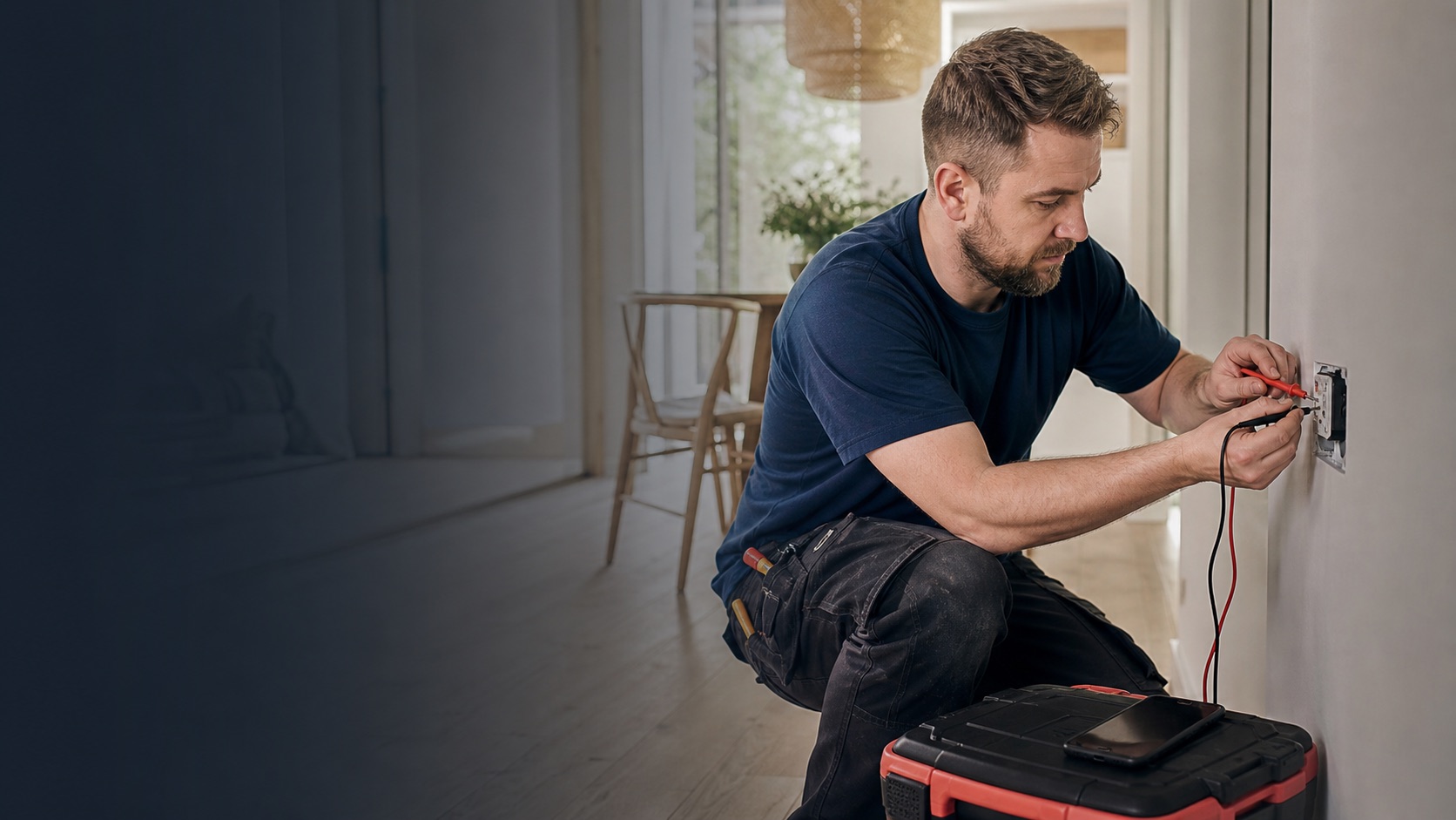Elektriker måler en installation, mens AI-telefonassistenten tager imod et kundeopkald