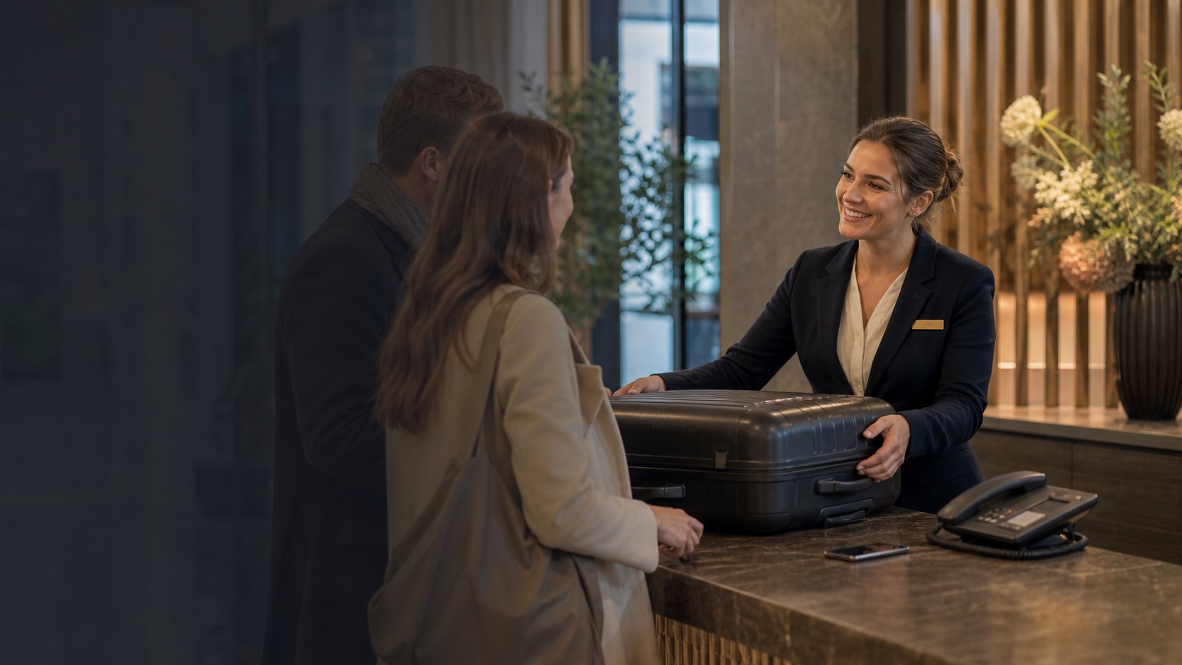 Hotelmedarbejder hjælper gæster ved receptionen, mens AI-assistenten tager telefonen