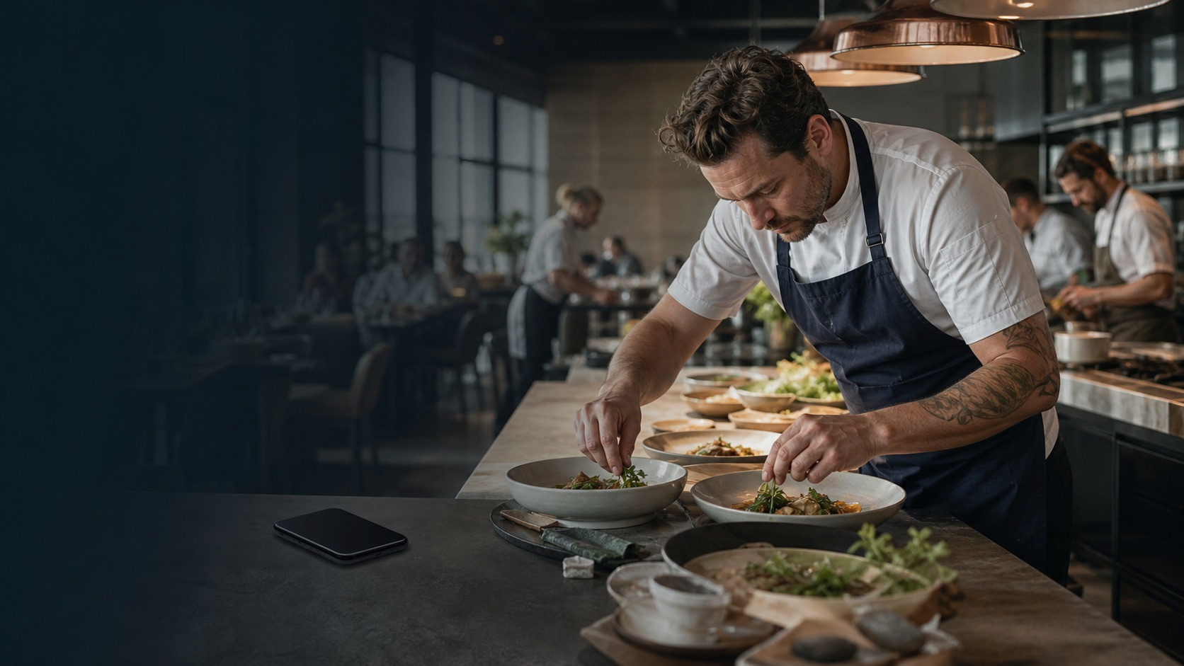 Kok anretter mad under service, mens telefonassistenten tager imod en reservation