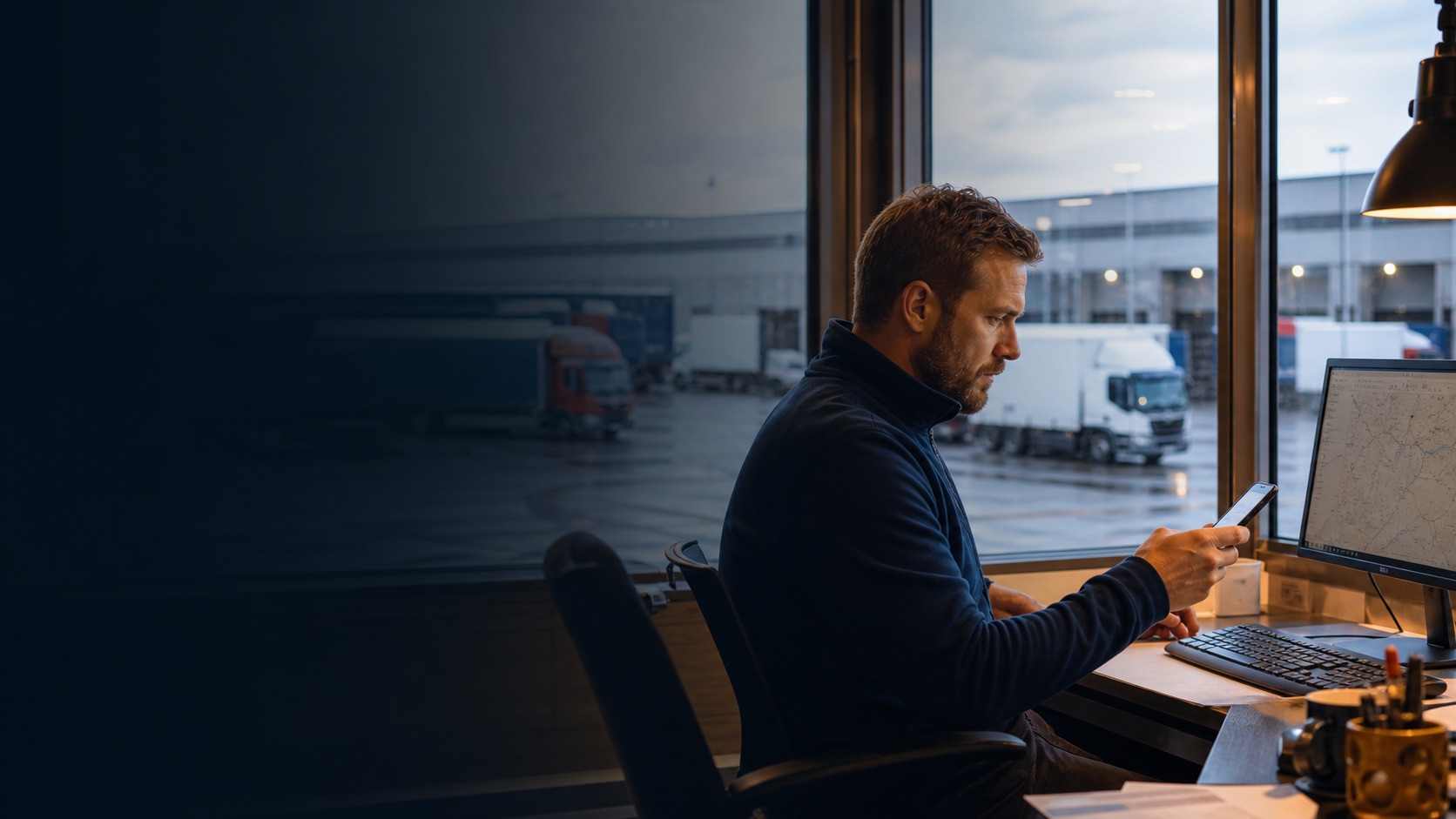 Disponent koordinerer kundehenvendelser med lastbiler og terminal i baggrunden